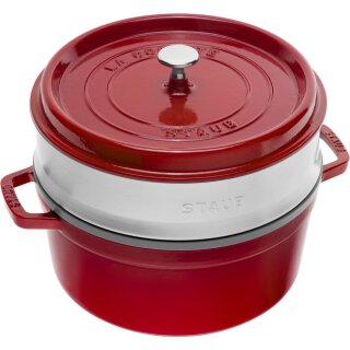 Staub Cocotte mit D&auml;mpfeinsatz kirschrot 26 cm rund 5,2 l